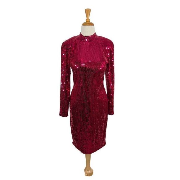 Nightline M VTG 12 Red Sequin Disco Dress Keyhole Back 70s 80s Costume Tootsie - Picture 8 of 10